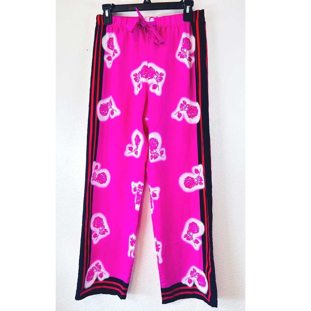 Victorias Secret Pink Rose Floral Satin Pajama Pants Side Stripe Wide Leg SZ S